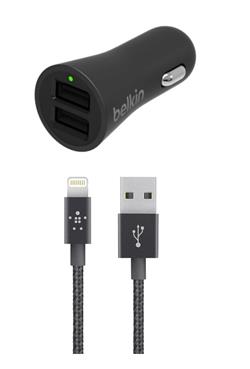 Belkin USB nabíječka do auta 2,4A/5V, 2-portová + Lightning kabel 1,2m - černá