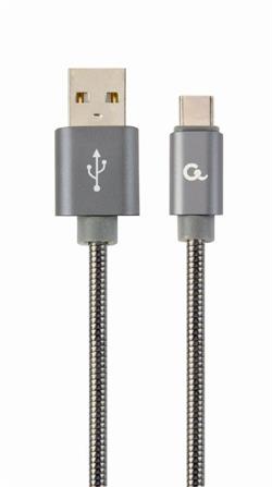 CABLEXPERT Kabel USB 2.0 AM na Type-C kabel (AM/CM), 2m, metalická spirála, šedý, blister, PREMIUM QUALITY