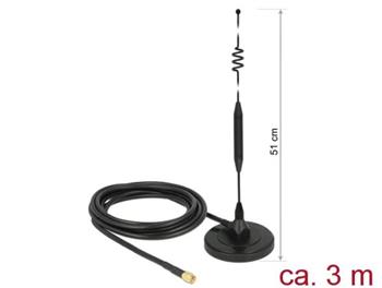 Delock LTE Anténa SMA samec 6 dBi všesměrová pevná s magnetickou základnou a připojovací kabel (RG-58, 3 m) venkovní če