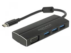 Delock USB 3.1 Gen 1 Adaptér USB Type-C™ na 3 x USB 3.0 Typ-A Hub + 1 x VGA (DP Alt Mód)