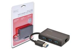 Digitus USB 3.0, 3-portový HUB A Adaptér na Gigabit Ethernet , 1x RJ45, USB-A, 10/100/1000Mbps, USB 3.0, Windows/Mac OS