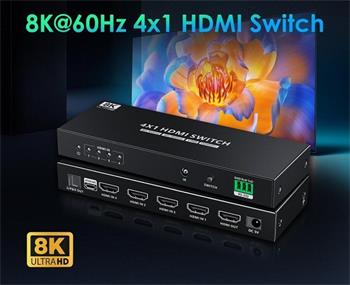 PremiumCord HDMI switch 4:1 s podporou rozlišení 8K@60Hz,4K@120Hz, 1080P, HDR, s ovládáním tlačítkem a dálkovým ovladač