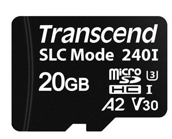 Transcend 20GB microSDHC240I UHS-I U3 V30 A2 (Class 10) 3D TLC (SLC mode) průmyslová paměťová karta, 100MB/s R, 80MB/s
