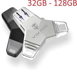 VIKING USB FLASH DISK 3.0 4v1 32GB, S KONCOVKOU APPLE LIGHTNING, USB-C, MICRO USB, USB3.0, černá