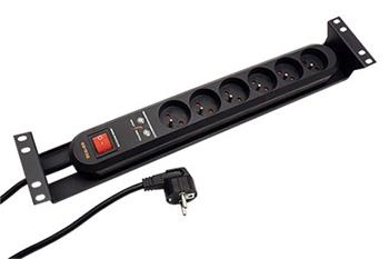 19" napájecí panel 2U, 6x230V, CZ, přepěťová ochrana, vypínač, 3m, černý