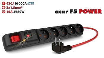 Acar F5 1.5m kabel, 5 zásuvek, přepěťová ochrana, max.proud 16A, černý