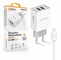 ALIGATOR Chytrá síťová nabíječka 2,4A, 2xUSB, smart IC, bílá, USB kabel pro iPhone/iPad