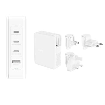 Belkin BOOST CHARGE™ 140W 4-portová USB-C Power Delivery GaN PPS nástěnná nabíječka + UK, EU, US adaptéry, bílá