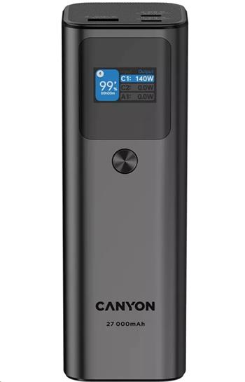 CANYON powerbanka PB-2010, 27000mAh, 2x USB-C 140W PD3.1, 1x USB-A QC 3.0, display, tmavě šedá