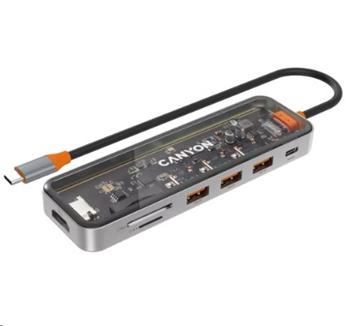 CANYON replikátor portů DS-13 7v1, 1xUSB-C PD 100W, 1xHDMI (4K), 3x USB 3.0, SD/micro čtečka, průhledný