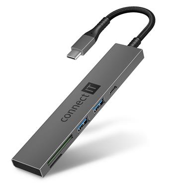 CONNECT IT CompactPRO USB-C hub + čtečka karet, (2xUSB-A 3.0, 1xUSB-C), externí, ANTRACITOVÝ