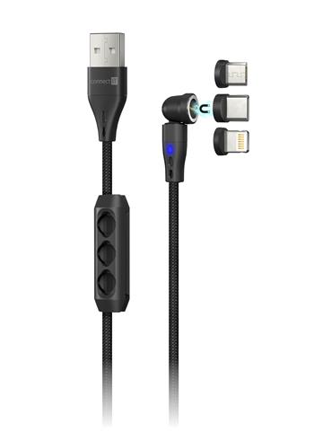 CONNECT IT Magnetic PowerLink 3in1 kabel (USB-C/Lightning/MicroUSB), 2m, ČERNÁ