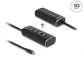 Delock 4 portový rozbočovač USB 10 Gbps s rozhraním USB Type-C™ a s konektorem, kabelem délky 60 cm a spínačem pro každ