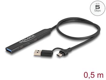 Delock 4 portový štíhlý USB Hub z USB Type-C™ nebo USB Typ-A na 3 x USB 5 Gbps USB Type-C™ + 1 x USB 5 Gbps Typ-A