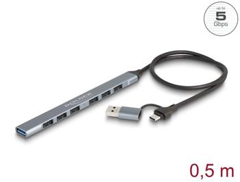 Delock 7 portový štíhlý USB Hub z USB Type-C™ nebo USB Typ-A na 1 x USB 5 Gbps Typ-A + 6 x USB 2.0 Typ-A