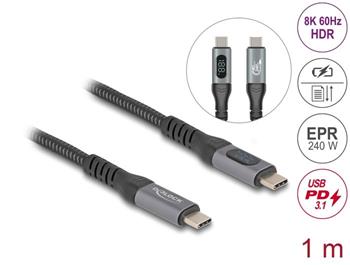 Delock Datový a rychlonabíjecí koaxiální kabel USB 40 Gbps, 1 m, 8K 60 Hz, USB PD 3.1, rozšířený rozsah výkonu, 240 W