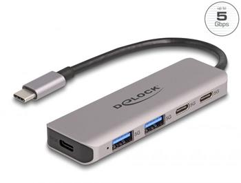 Delock Dvouportový rozbočovač sítě USB 5 Gbps se dvěma porty USB Type-C™, se dvěma porty Typu-A a s konektorem USB Type