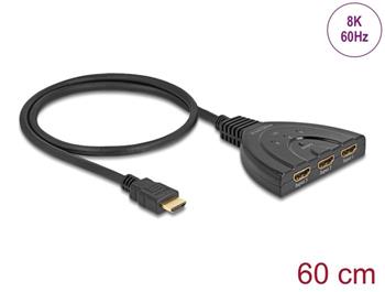 Delock HDMI Switch 3 x vstupní porty HDMI na 1 x výstupní port HDMI, 8K 60 Hz s integrovaným kabelem 60 cm