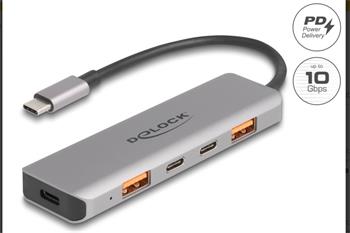 Delock Hub USB 10 Gbps se 2 porty USB Typ-A + 2 porty USB Type-C™ s konektorem USB Type-C™ a s PD 95 W