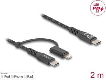 Delock Kabel USB 2 v 1, z rozhraní USB Type-C™ na USB Type-C™ / Lightning™, pro iPhone™ a iPad™, 2 m, MFi, 60 W