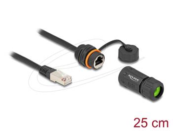 Delock Kabel ze zástrčky RJ45 na zásuvku RJ45, Cat.6A,závit M20 a kryt, s prachotěsností a vodotěsností IP68, 25cm,čern