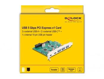 Delock Karta PCI Express x1 USB 5 Gbps na 3 x externí Typu-A + 2 x externí zásuvkové USB Type-C™ a 1 x 19 pinový intern