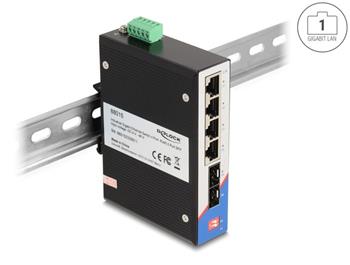 Delock Průmyslový přepínač sítě Gigabit Ethernet se 4 porty RJ45 a 2 porty SFP, na DIN lištu