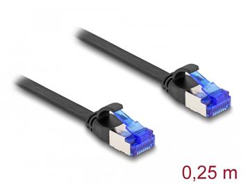 Delock RJ45 Plochý spojovací kabel ze zástrčky na zástrčku, Cat.6A, ohebný, 0,25 m, černý