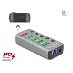 Delock Rozbočovač USB 3.2 Gen 1 se 4 porty + 1 rychlonabíjecím portem + 1 portem USB-C™ PD 3.0 s přepínačem a osvětlení