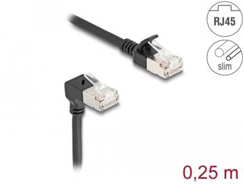 Delock Síťový kabel RJ45 Cat.6A S/FTP, Slim, zalomený dolů o 90° / přímý, 0,25 m, černý