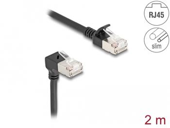 Delock Síťový kabel RJ45 Cat.6A S/FTP, Slim, zalomený dolů o 90° / přímý, 2 m, černý