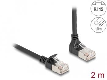 Delock Síťový kabel RJ45 Cat.6A S/FTP, Slim, zalomený nahoru o 90° / přímý, 2 m, černý