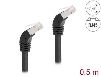 Delock Síťový kabel RJ45 Cat.6A S/FTP, zalomený dolů o 45°, 0,5 m, černý