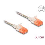 Delock Síťový kabel RJ45, Cat.6A, U/UTP, tenký, 0,3 m, transparentní