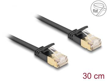 Delock Síťový kabel RJ45 Cat.6A, ze zástrčky na zástrčku,s robustní západkou a hrubým plochým kabelem Cat.7,U/FTP, 0,3