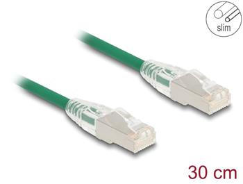 Delock Síťový kabel RJ45 Cat.6A, ze zástrčky na zástrčku, se zahnutou západkou, U/FTP, tenký, 0,3 m, zelený