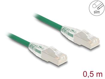 Delock Síťový kabel RJ45 Cat.6A, ze zástrčky na zástrčku, se zahnutou západkou, U/FTP, tenký, 0,5 m, zelený