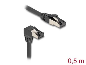 Delock Síťový kabel RJ45 Cat.8.1 S/FTP, zalomený dolů o 90° / přímý, 0,5 m, černý