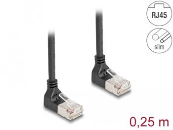 Delock Síťový kabel rozhraní RJ45, Cat.6A, S/FTP, Slim, zalomený nahoru / nahoru o 90°, 0,25 m, černý