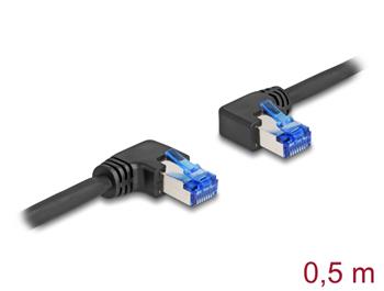 Delock Síťový kabel s konektorem RJ45 Cat.6A, S/FTP pravý / levý, pravoúhlý, délky 0,5 m, černý