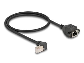 Delock Síťový prodlužovací kabel ze zástrčky S/FTP RJ45, pravoúhlý (90°), na integrovanou zásuvku RJ45, Cat.6A, 0,5 m,