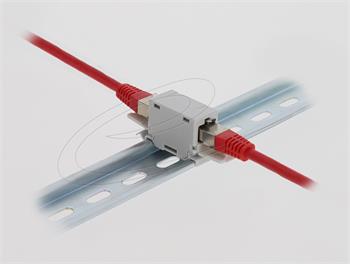 Delock Spojka RJ45, Cat.6A, ze zásuvky na zásuvku, s protiprachovou krytkou, k montáži na DIN, šedá