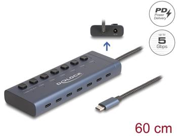 Delock USB 5 Gbps Hub se 7 porty USB Type-C™ se spínačem, z nichž 6 x datové porty a 1 x datový port s napájecím výkone