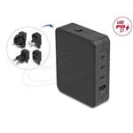 Delock USB GaN nabíječka 3 x USB Type-C PD 3.1 a 1 x USB Type-A s 145 W včetně napájecího adaptéru pro EU / USA / UK