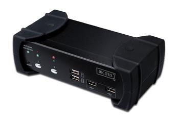 DIGITUS Přepínač KVM, DVI, USB 2-port, 1 uživatel, vč. 4 kabelové sady, 1,8 m, audio