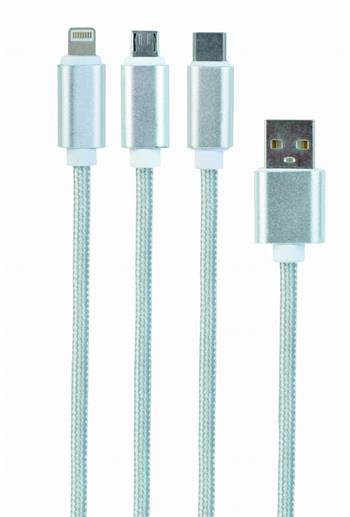 GEMBIRD CABLEXPERT Kabel USB A Male/Micro USB + Type-C + Lightning, 1m, opletený, stříbrný, blister