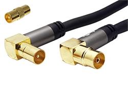 Kabel anténní TV, 135dB, 4x stíněný, IEC169-2, M-F (lomené, zlacené), 5m, + redukce M-M, černý