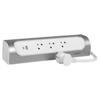 LEGRAND Revolution zásuvkový blok rohový 3x2P+T/USB A+C, kabel 1m, bílá-hliník