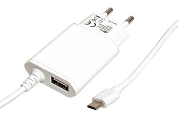 Napájecí adaptér síťový (230V) - 5V/2,1A, USB A(F)+ kabel s USB micro(M), plochý, bílý