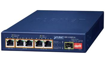 Planet BSP-115HP-5A Hybridní PoE solární switch, 5x 1Gb, 1x SFP, 1x PoE++ 802.3bt, 2x 802.3at, 2x at/pasivní, -20~65°C